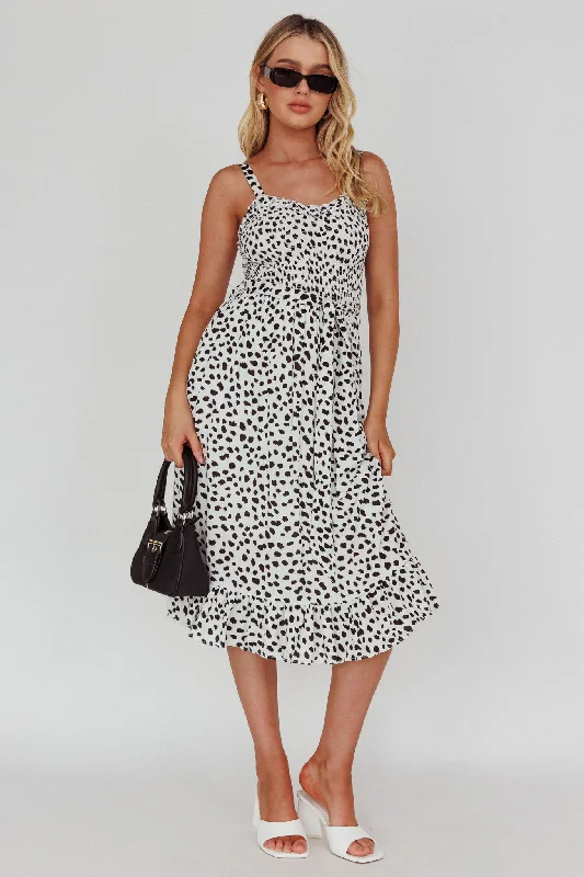 Major Savings Honey Shirred Frill Midi Dress White/Black