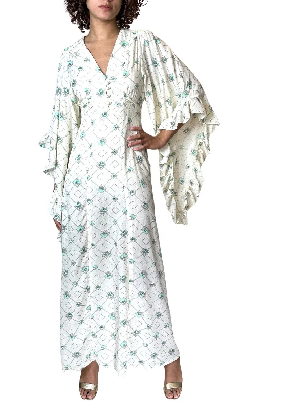Online Specials Peekaboo Hire - 1970's Vintage Cream Printed Angel Sleeve Wedding Dress UK 8 - 14