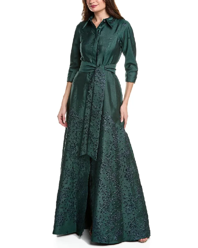 Grand Opening Sale Teri Jon by Rickie Freeman Metallic Jacquard Shirt Gown