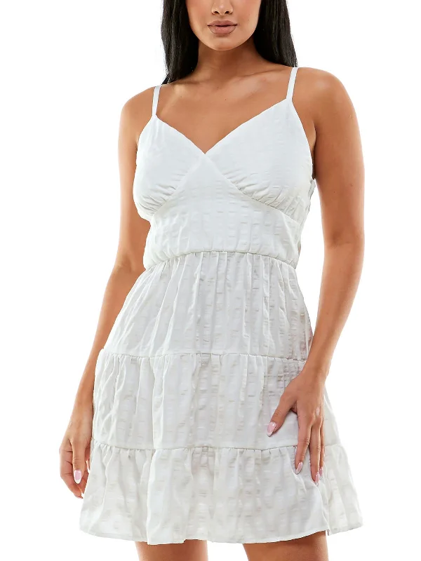 Year-End Sale Juniors Womens Seersucker Ruched Fit & Flare Dress
