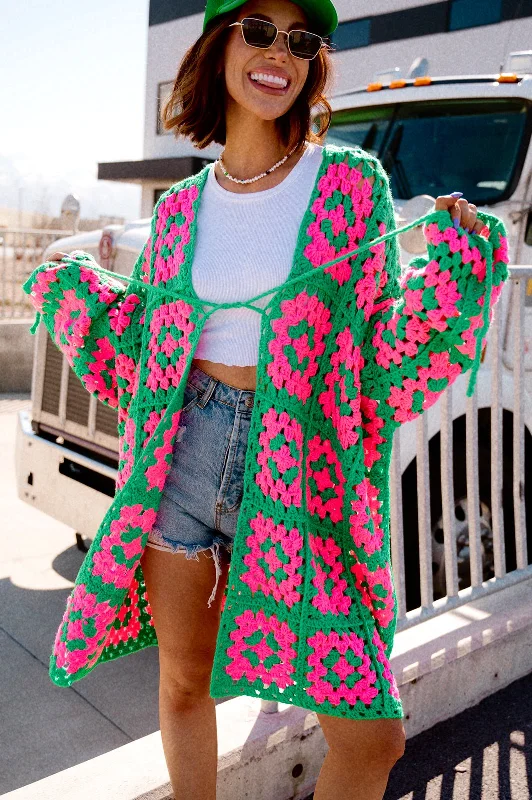 Price Meltdown Oversized Granny Square Crochet Cardigan in Neon Watermelon