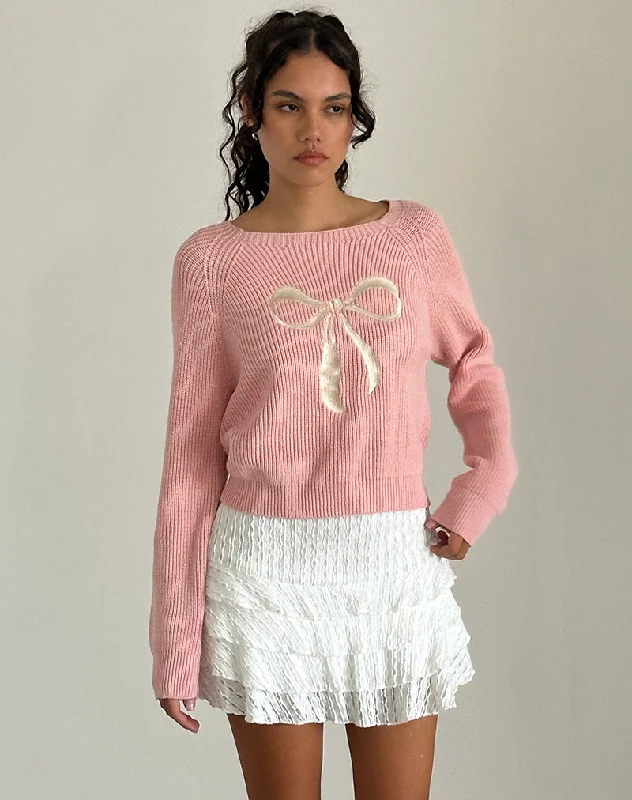 Super Deal Tami Jumper in Knit Pink with White Bow Embroidery