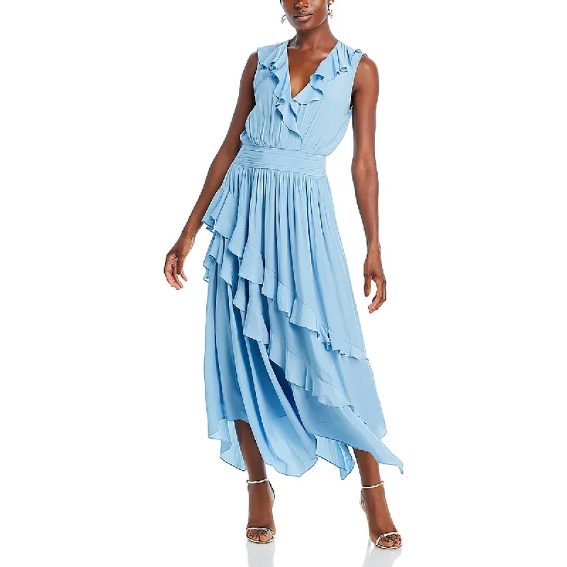Exclusive Deal Womens Ruffled Shoulder Pads Midi Dress