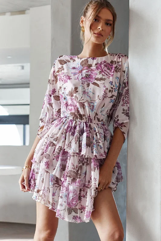 Friends and Family Sale Odessa Long Sleeve Layered Ruffle Dress Rose Print Beige