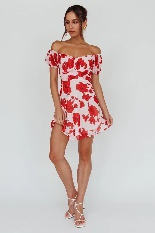 Seasonal Sale Linka Puff Sleeve Waist Tie Dress Floral Red