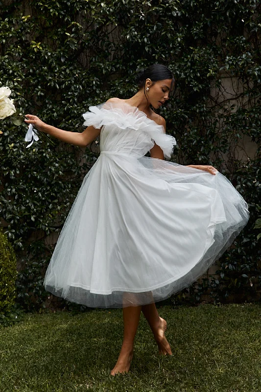 Year-End Sale May Rose Off-Shoulder Tulle Midi Dress Off White