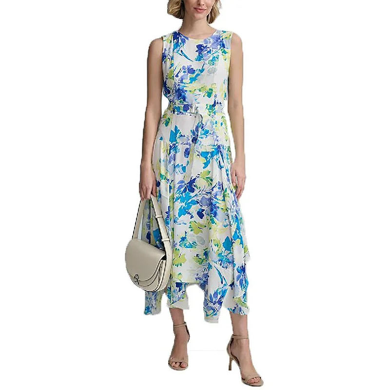 Clearance Items Womens Handkerchief Hem Floral Printed Fit & Flare Dress