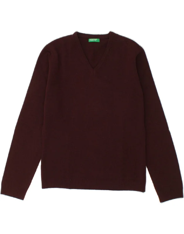 Extra Savings BENETTON Womens V-Neck Jumper Sweater UK 12 Medium Maroon New Wool