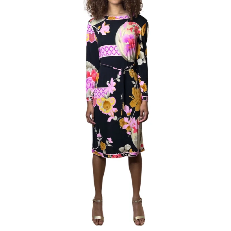 Final Markdown Peekaboo Hire - 1980's Original Vintage Black Leonard Floral Silk Dress UK 10 - 12