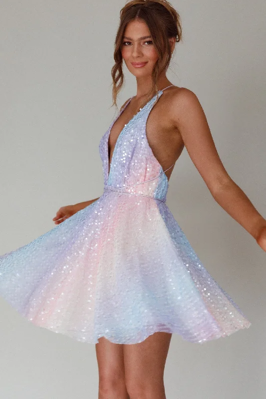 Shop and Save Floating By Plunging Neckline Mini Dress Sequin Rainbow