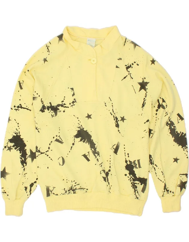 Price Smash VINTAGE Womens Graphic Button Neck Sweatshirt Jumper UK 14 Medium Yellow