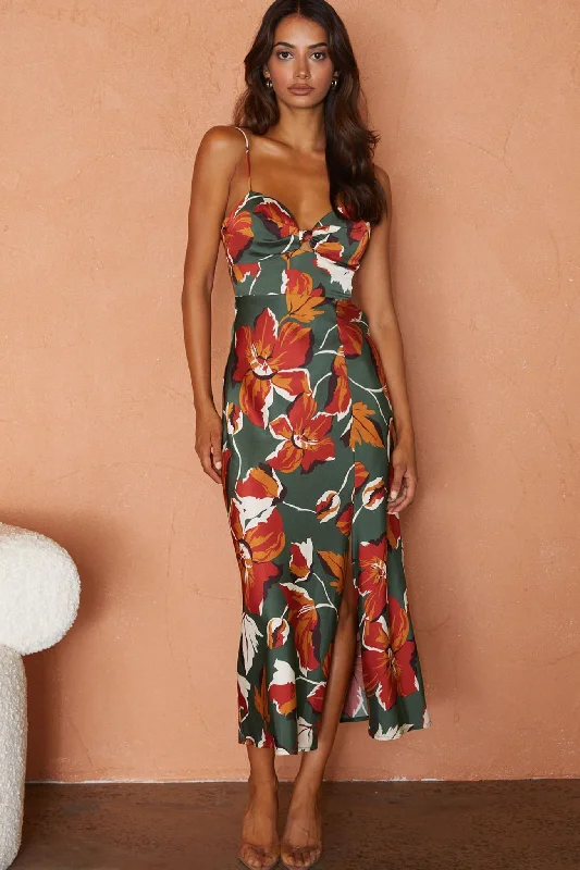 New Markdowns Missoula Cami Strap Padded Bust Midi Dress Floral Print Green