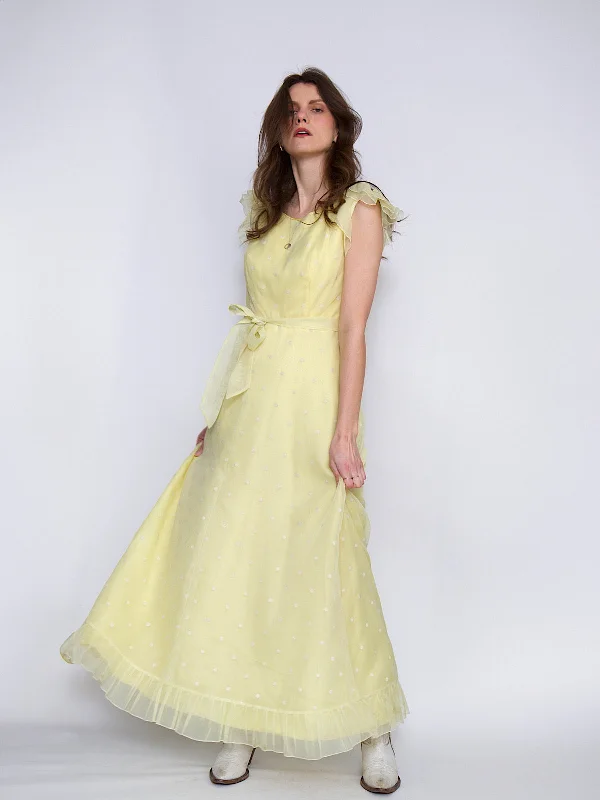 Instant Discount Vintage 70s bohemian maxi dress yellow polka dot