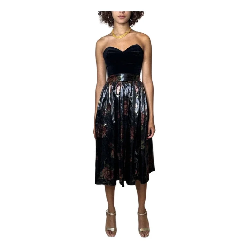 Early Bird Discount Original 1970's Vintage Black Velvet & Bronze Floral Print Dress by Radley UK 8 - 12