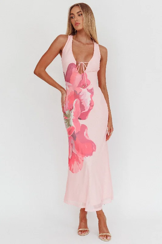 Closeout Sale Cinders Tied Plunging Neckline Maxi Dress Flower Pink