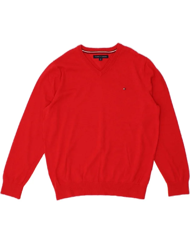 The Best Prices TOMMY HILFIGER Womens V-Neck Jumper Sweater UK 16 Large Red Cotton