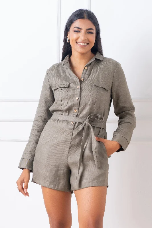Inventory Reduction Linen Playsuit with Waist Tie - Slim Fit