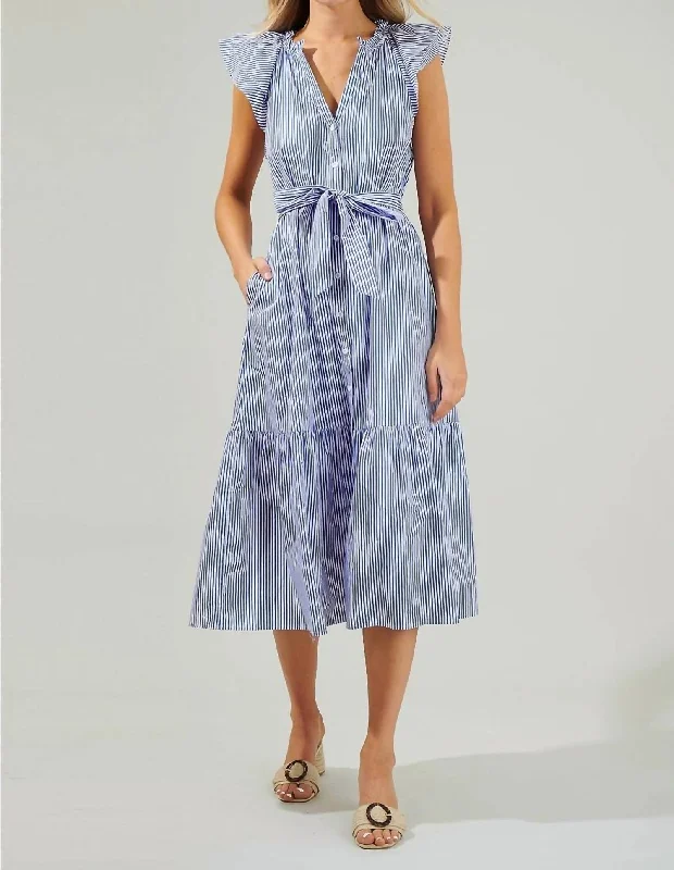 Friends and Family Sale Dynamite Striped Button Midi Dress In Blue/white Stripe