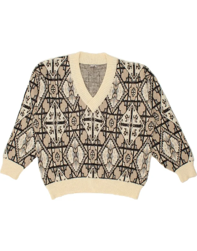 Final Markdown VINTAGE Womens Oversized V-Neck Jumper Sweater UK 16 Large Beige