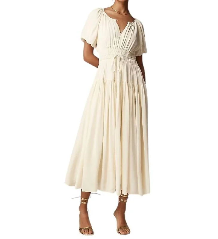 Price Reduction Elena Puff Sleeve Dress In Crepe De Chine In Ivory