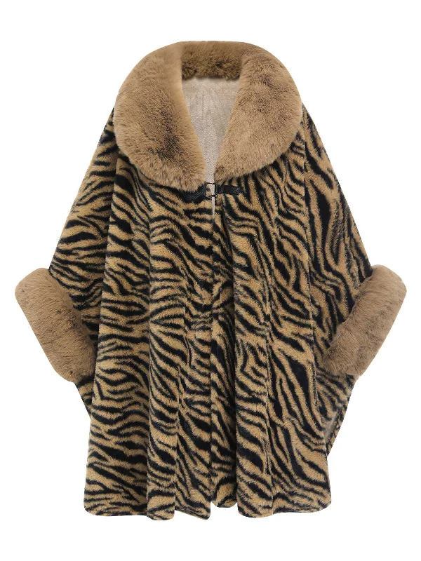 One-DAY Sale Camel 1970s Fur Tiger Stripe Cape Coat