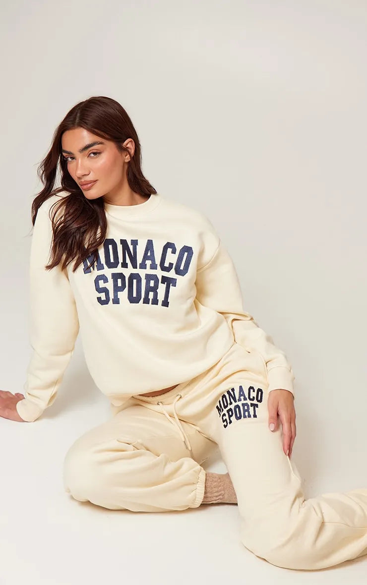 Don't Wait Cream Monaco Sports Embroidered Sweatshir