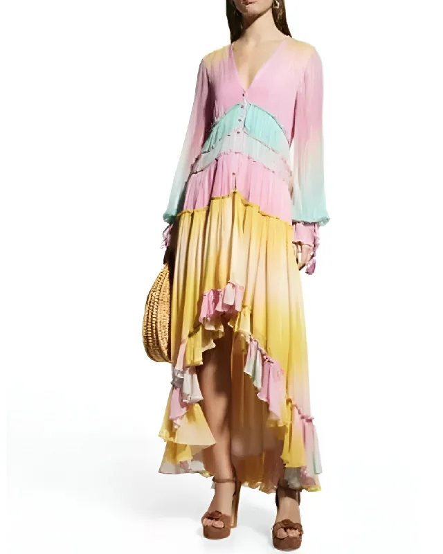 Super Sale Zale Metallic Pastel High-Low Rainbow Maxi Dress In Multicolor
