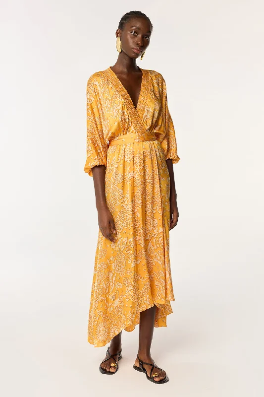Special Discount Long Dress Celie - Yellow Oriental Foulard