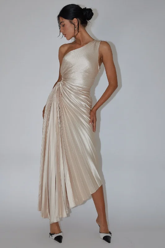 Can't Miss Brooklynn One-Shoulder Accordion Pleat Dress Champagne