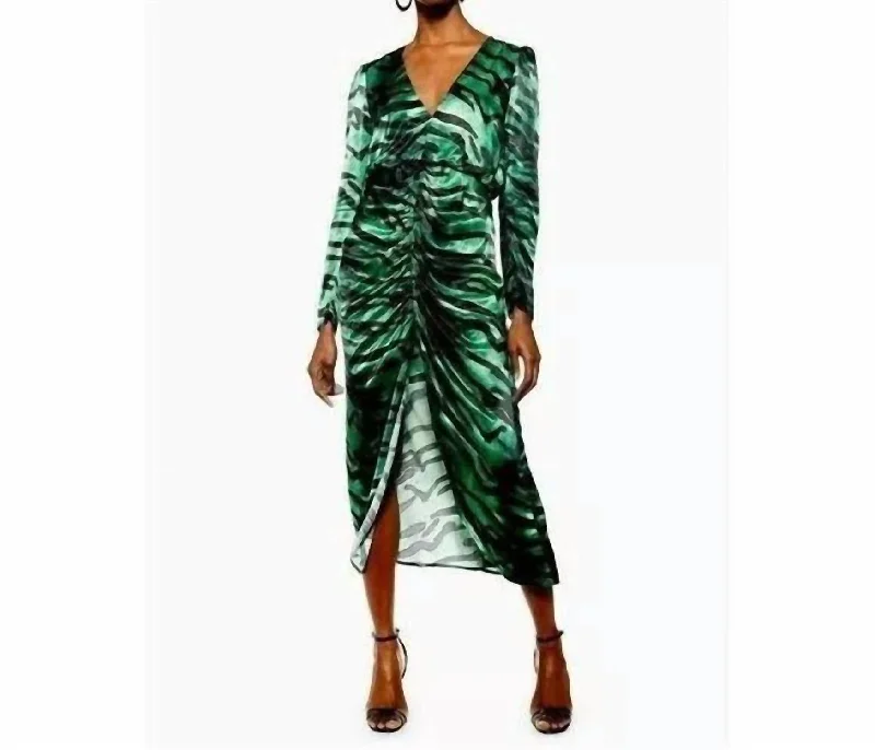 Weekend Deal Zebra Print Ruched Puff Sleeve Satin Midi Dress In Green