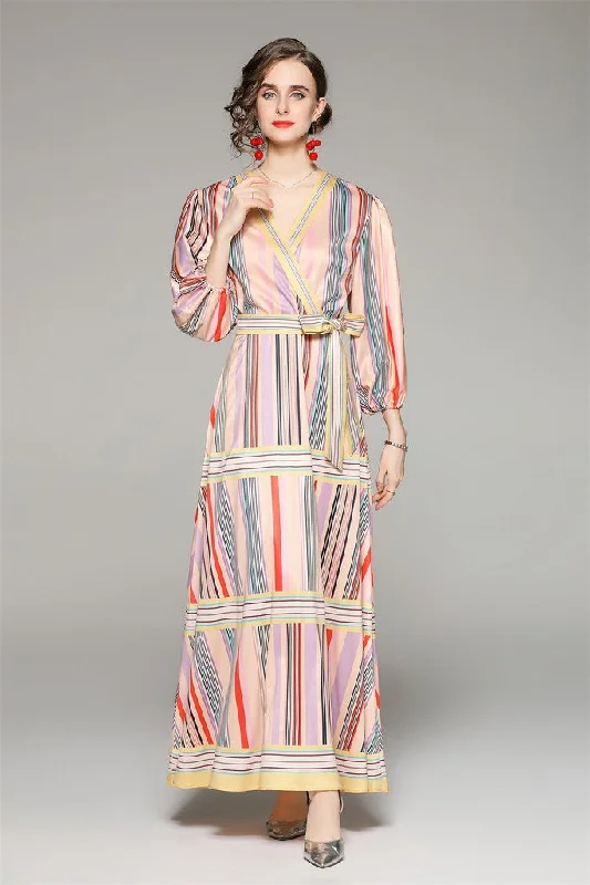 Early Access Multicolor Day A-line V-neck Bishop 3/4 Sleeves Tea Printed Dress