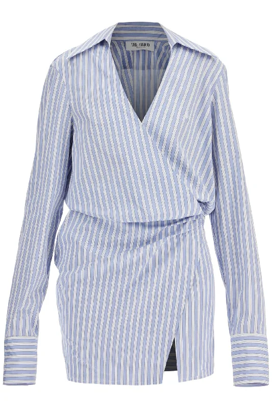 Amazing Deals The Attico Women's Mini Striped Dress With V-Neck*** Long Sleeves***  And blue Cotton*** Tied Waist