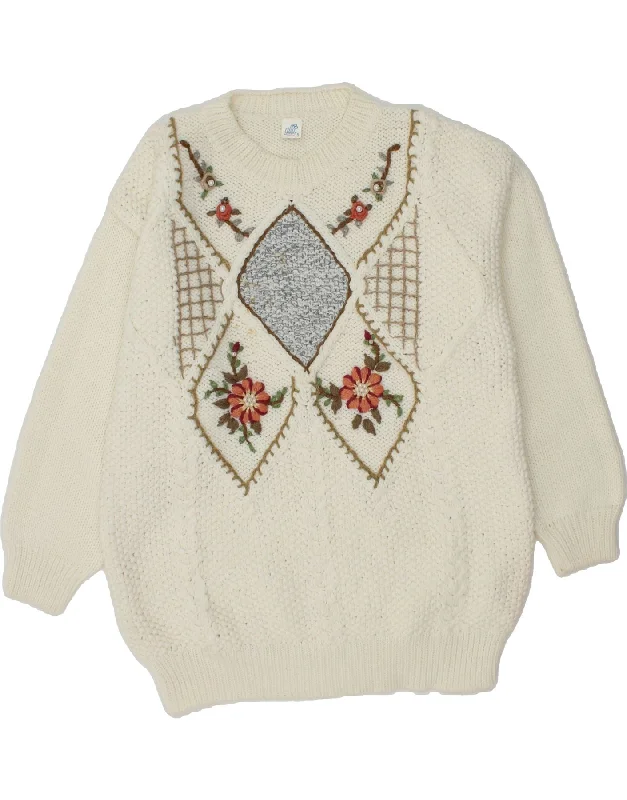 Savings Alert VINTAGE Womens Crew Neck Jumper Sweater UK 18 XL Off White Floral Acrylic Savings Alert VINTAGE Womens Crew Neck Jumper Sweater UK 18 XL Off White Floral Acrylic