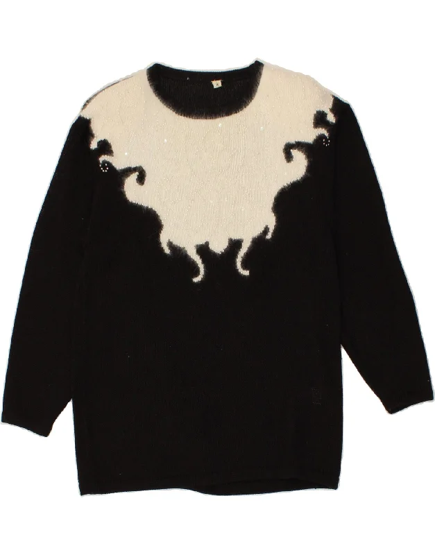 Huge Discounts VINTAGE Womens Crew Neck Jumper Sweater UK 14 Medium Black Colourblock
