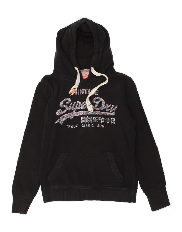 Major Savings SUPERDRY Womens Graphic Hoodie Jumper UK 10 Small Black Cotton