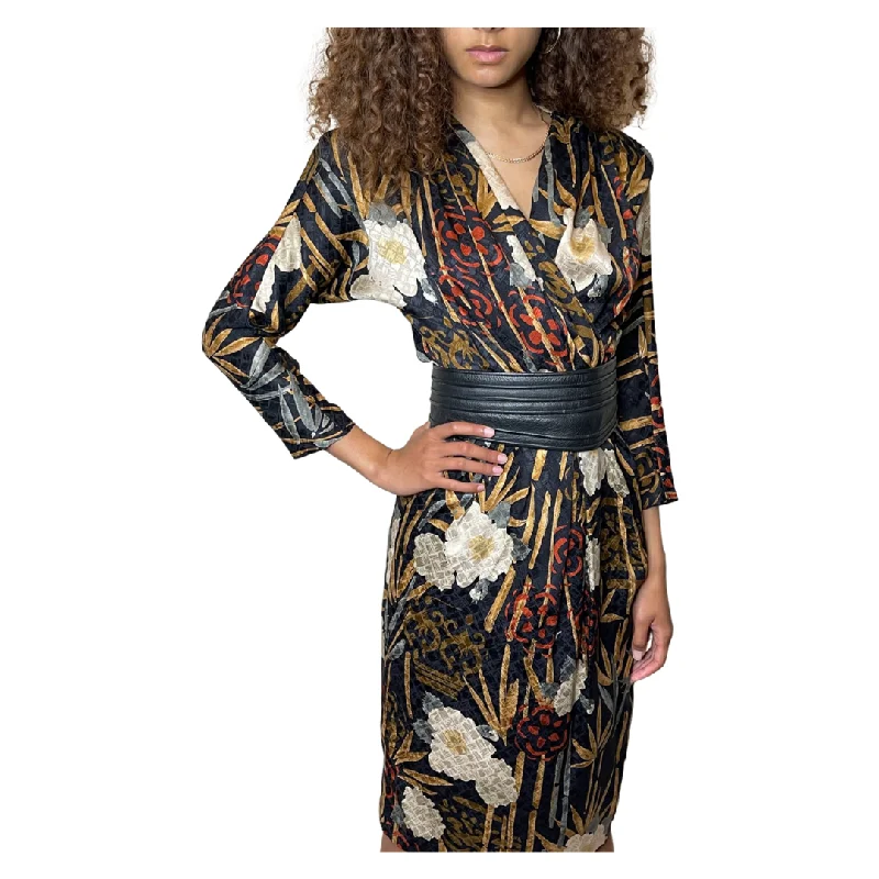 Bargain Prices Peekaboo Hire - 1980's Original Vintage Black Floral Silk Dress UK 10 - 12