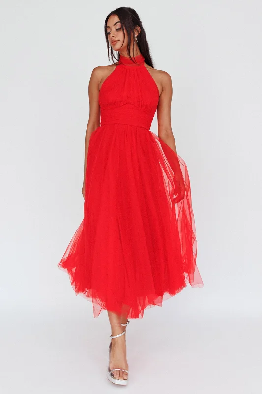 Exclusive Offers Andria Halterneck Tulle Midi Dress Red