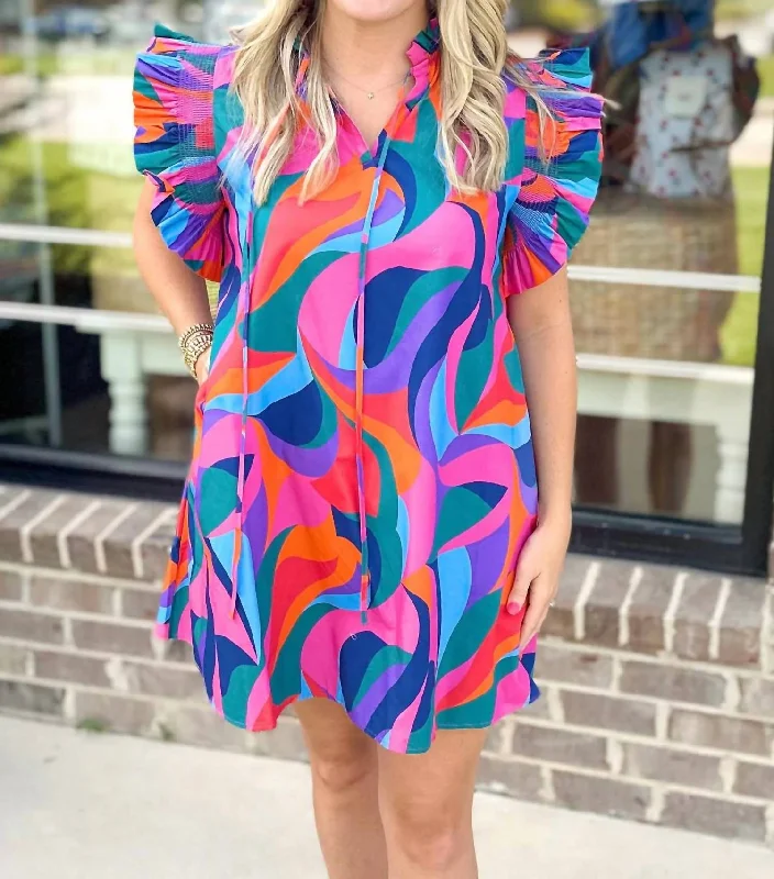 Closeout Poplin Geo Prints V-Neck Dress In Pink Multi
