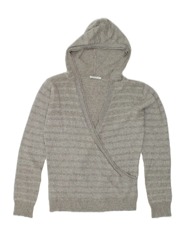 Savings Spectacular MARELLA Womens Hooded V-Neck Jumper Sweater UK 14 Large Grey Striped Wool