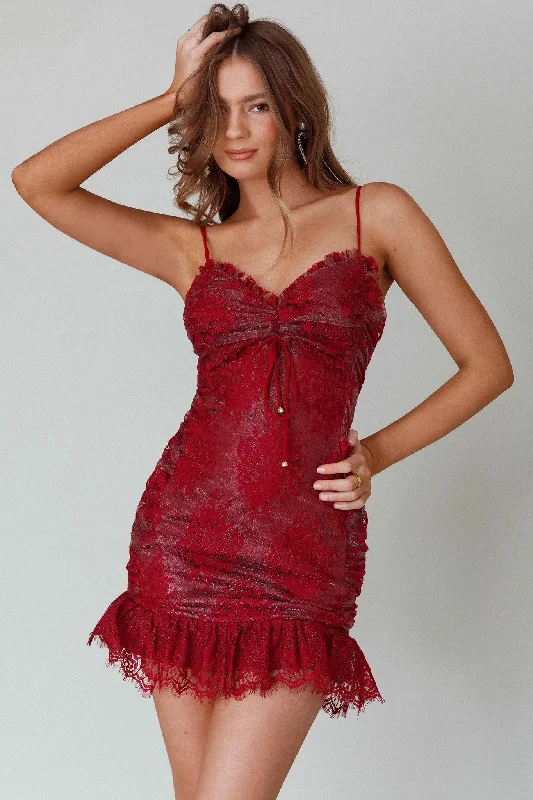 New Deals St Tropez Cami Strap Frill Hem Lace Mini Dress Wine