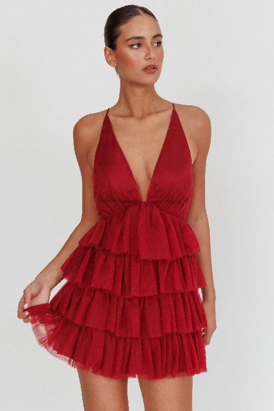 Savings Spectacular Auguste Tiered Frill Mini Dress Burgundy