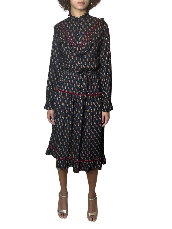 Special Savings Original 1980's Vintage Paisley Print & Velvet Trim Black Dress UK 8 - 10