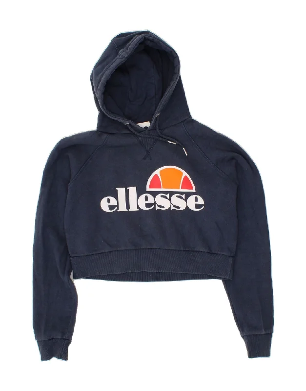 Flash Deals ELLESSE Womens Oversized Crop Graphic Hoodie Jumper UK 10 Small  Navy Blue
