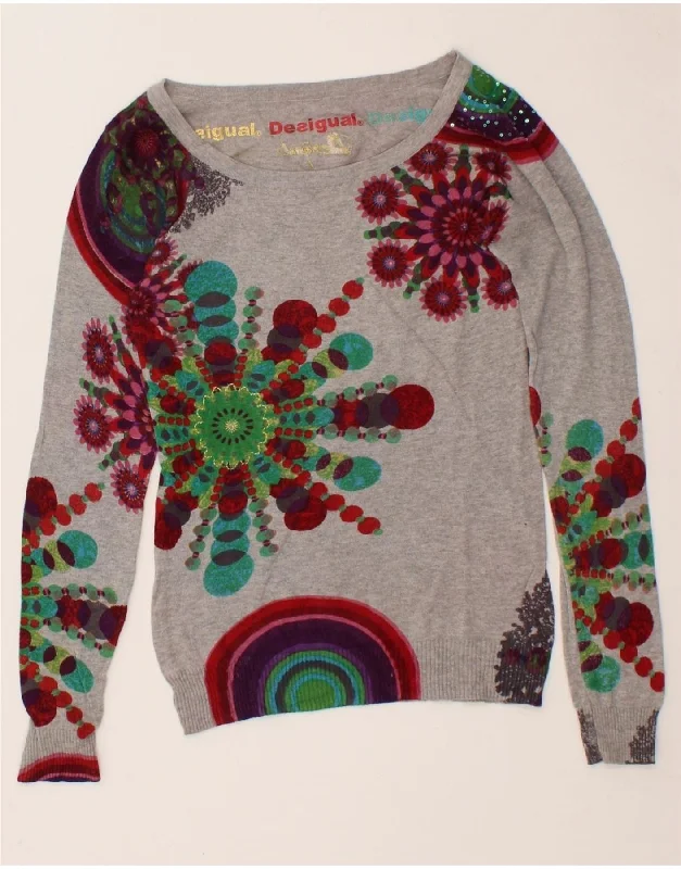 Deep Discounts DESIGUAL Womens Graphic Boat Neck Jumper Sweater UK 8 Small Grey Floral
