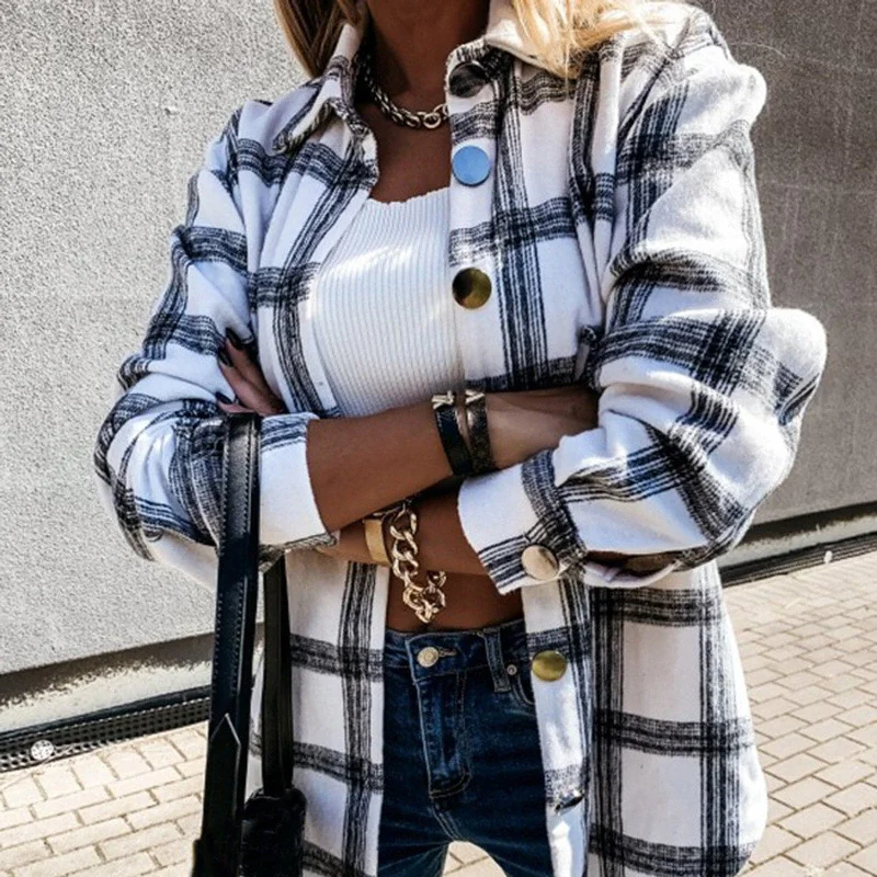 One-DAY Sale DressBetty - Women Long Sleeve Plaid Jacket Autumn Winter Oversized Coat Fashion Loose Outwear Vintage Elegant Top Streetwear