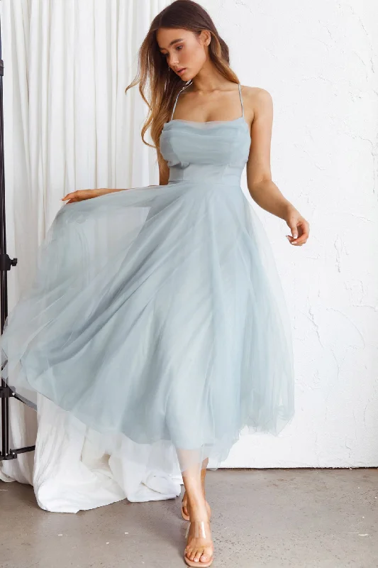 Savings Galore Floating By Pleated Neckline Mesh Midi Dress Sage