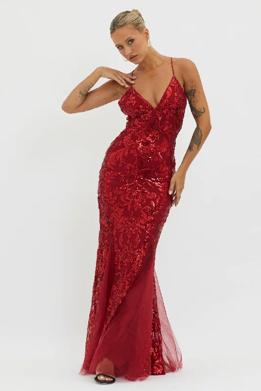 Price Reduction Serenade Song Godet Hem Sequin Maxi Dress Red