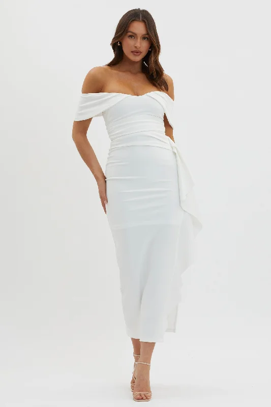 Price Drop Lillianne Off-Shoulder Side Ruffle Maxi Dress White