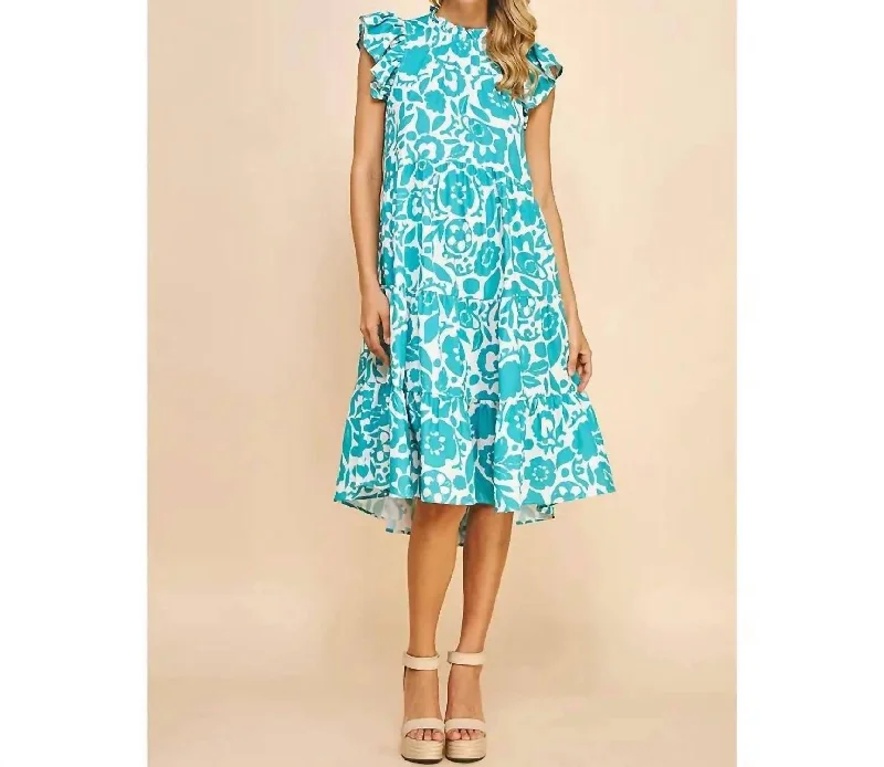 Best Bargains Print Tiered Knee Length Dress In Teal Floral