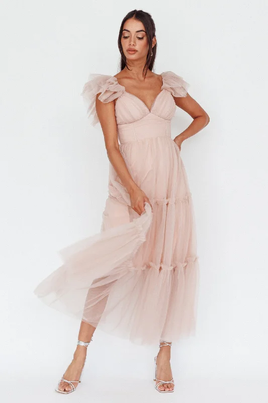 Super Sale Amal Ruffle Shoulder Tulle Midi Dress Nude